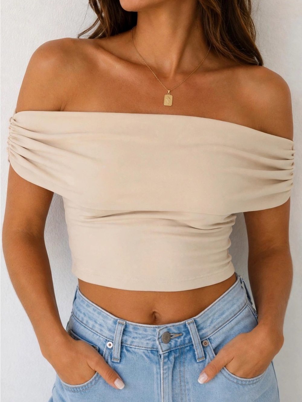 Free People Cream Off-Shoulder Ruched Crop Top